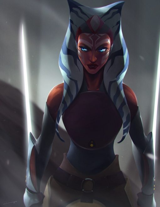 Immerse yourself in the enigmatic allure of Ahsoka Tano with this captivating handmade oil painting on canvas. This artwork expertly captures Ahsoka's dual nature, embodying the essence of the Sith with a hauntingly beautiful portrait. The artist skillfully brings out the intensity of her Sith mood, contrasting the darkness and the light within her. The rich oil colors and meticulous brushwork add depth and emotion to this iconic character. Own a unique piece of art that beautifully portrays Ahsoka Tano's complex duality, capturing a Sith mood in a mesmerizing visual rendition.