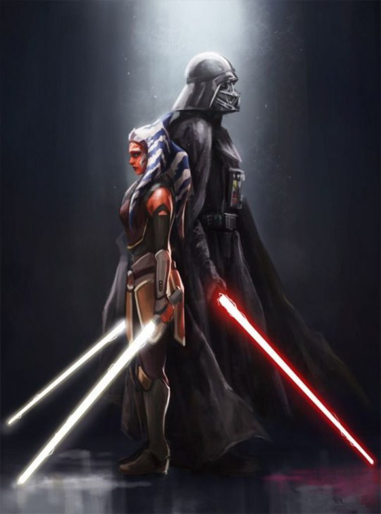 Marvelous creation: Handmade oil painting on canvas showcasing Ahsoka Tano and Darth Vader standing back to back. Dive into Star Wars magic through detailed brushwork and vibrant color schemes. Witness the powerful symbolism of light and dark, encapsulated in this masterpiece. A display of galactic contrast and fandom devotion. Own this unique artwork and add intergalactic intrigue to your space. Explore more Star Wars art for a captivating collection.