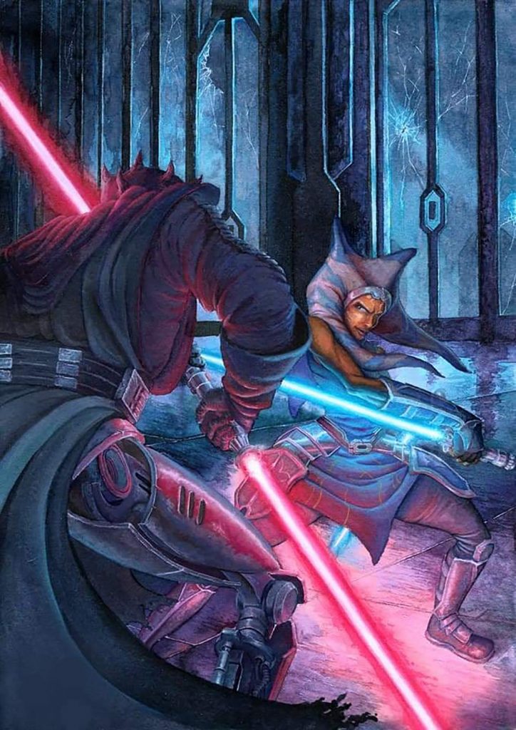 Star Wars handmade oil painting - Ahsoka Tano fighting darth Maul