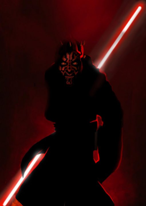 Unleash the Sith fury with a handmade oil painting on canvas, presenting a dynamic portrait of Darth Maul ready for battle. This artwork embodies the intensity and menace of the Sith Lord. Immerse yourself in the powerful brushstrokes and vibrant hues that bring this Star Wars character to life. Own a one-of-a-kind masterpiece capturing Darth Maul's ferocity.