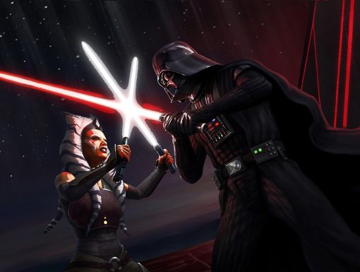 Experience the epic clash between Ahsoka Tano and Darth Vader in a captivating handmade oil painting on canvas. This meticulously crafted artwork portrays the intense duel, showcasing Ahsoka's resilience against Darth Vader's dark presence. Perfect for Star Wars enthusiasts and collectors, this masterpiece captures the emotional depth of their confrontation, making it a powerful centerpiece that embodies the struggle between light and dark. Immerse yourself in the gripping depiction of Ahsoka's bravery facing Darth Vader, adding dramatic allure and narrative depth to any space.