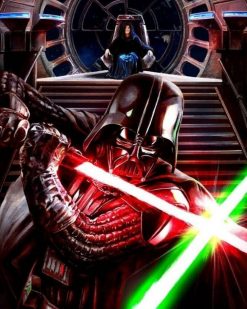 Darth Vader fighting Luke Skywalker in front of Darth Sidious