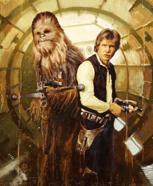 Embrace the galaxy's favorite duo with our custom oil painting on demand. Capturing Chewbacca and Han Solo in the iconic Millennium Falcon, this handcrafted canvas adds Star Wars magic to any space. Elevate your decor with this unique masterpiece showcasing the friendship and adventure of a lifetime.
