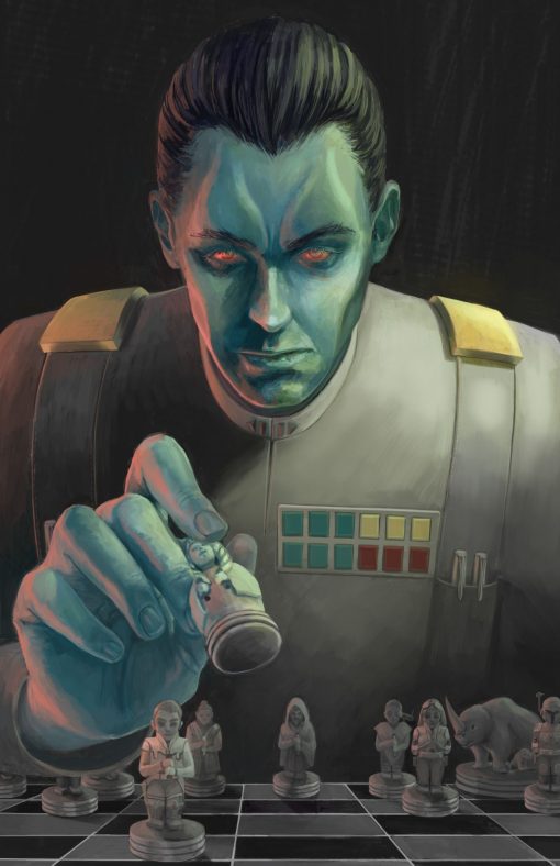 Explore a mesmerizing handmade oil portrait of Mitth'raw'nuruodo Thrawn, a strategic genius, engaged in a captivating game of chess. The art intricately captures Thrawn's calculating brilliance and tactical prowess. Own a unique masterpiece that celebrates Thrawn's iconic presence within the Star Wars universe. Experience the depth and artistry through vibrant brushstrokes and rich colors.