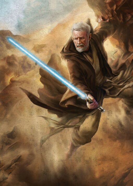 Experience the Force: Handmade oil painting on canvas depicting Obi Wan Kenobi on Tatooine, wielding his iconic lightsaber. Immerse in Star Wars magic through intricate brushwork and vivid hues. Witness the desert landscape and the legendary Jedi master come to life. A masterpiece embodying galactic heroism and fandom devotion. Own this unique artwork and bring interstellar energy to your space.