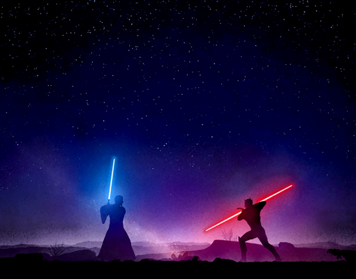 Experience the fierce duel between Obi Wan Kenobi and Darth Maul, captured in a handmade oil painting on canvas. The art vividly portrays the clash under Tatooine's night sky, with meticulous attention to detail. The skillful brushwork breathes life into the iconic characters, making it a perfect addition for any Star Wars enthusiast's collection.
