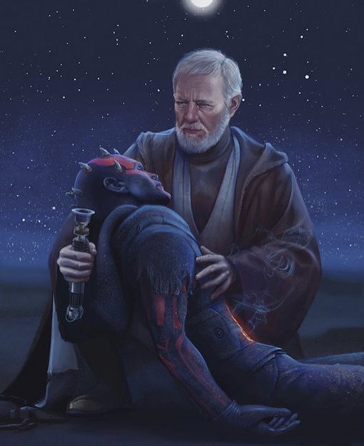 Introducing a stirring handmade oil painting on canvas, depicting Obi-Wan Kenobi tenderly carrying the dying Darth Maul on Tatooine. Immerse yourself in the emotional depth of this artwork, brought to life with expert brushstrokes and vivid hues. Experience the iconic scene that encapsulates the complex relationship between the Jedi and Sith. Own this unique masterpiece, offering a glimpse into the transformative Star Wars narrative. Elevate your space with this compelling depiction of a poignant moment in the galaxy's tale.