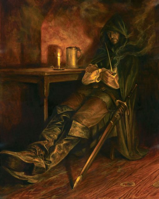 Discover the enigmatic allure of Aragorn in a handmade oil painting on canvas, presenting his captivating portrait seated at Bree, donning his signature cape and emanating an air of mystery while enjoying a contemplative moment with his pipe. This intricately crafted artwork immortalizes Aragorn's compelling presence, evoking a sense of both mystery and wisdom. Perfect for collectors and enthusiasts of Middle-earth, this masterpiece captures Aragorn's charismatic demeanor at Bree, becoming a captivating centerpiece that embodies the timeless essence of Tolkien's world. Immerse yourself in the alluring portrayal of Aragorn's mysterious aura, adding an evocative and iconic narrative to your collection, inspired by the enduring tales of The Lord of the Rings.