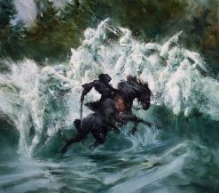 Experience the thrilling spectacle captured in a handmade oil painting on canvas, depicting the dramatic moment when the water horses from the Bruinen River engulf the Nazgûls tracking Arwen. This meticulously crafted artwork vividly portrays the power and intensity of the scene, showcasing the majestic water horses in action against the menacing Nazgûls. Ideal for collectors and fans of Tolkien's lore, this masterpiece encapsulates the gripping confrontation, revealing the strength and magic of Middle-earth. Immerse yourself in the dynamic portrayal of the water horses from the Bruinen River overtaking the pursuing Nazgûls, adding an exhilarating and dramatic narrative to your collection.