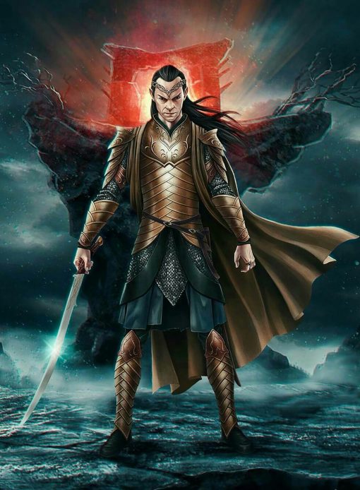 Experience the valorous spirit of Elrond captured in a handmade oil painting on canvas, depicting the esteemed Lord of Rivendell brandishing Hadhafang, poised for battle. This meticulously crafted artwork embodies Elrond's strength and determination, evoking an aura of noble prowess and readiness. Ideal for collectors and fans of Tolkien's universe, this masterpiece showcases Elrond's resolute demeanor, serving as a powerful centerpiece that encapsulates the essence of this revered elven leader. Immerse yourself in the captivating portrayal of Elrond, armed with Hadhafang and ready for combat, adding an exhilarating and iconic touch to your collection, inspired by the legendary tales of Middle-earth.