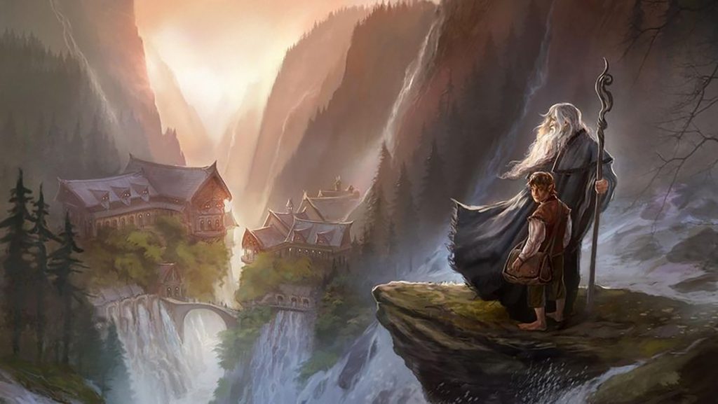 Journey into the enchanting world of Middle-earth with a captivating handmade oil painting on canvas, showcasing Gandalf and Bilbo arriving at Rivendell against a picturesque landscape. This unique artwork beautifully captures the essence of The Lord of the Rings, perfect for devoted fans. Crafted with meticulous detail and vibrant colors, this high-quality painting becomes a cherished addition to any collection, offering a captivating centerpiece for enthusiasts of Tolkien's timeless saga.