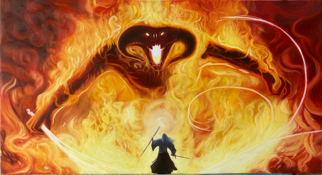 Lord of the Rings handmade oil painting - Giant Fire Balrog versus Gandalf