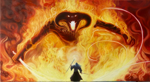 Delve into the gripping world of Middle-earth with a handcrafted oil painting on canvas, presenting Gandalf locked in a fierce confrontation with the Moria Balrog, featuring a stunning flame design and atmospheric depth. This unique artwork vividly captures the intense battle with meticulous detail and vibrant colors, ideal for dedicated Lord of the Rings enthusiasts. Crafted with expert skill, this high-quality painting immortalizes this iconic scene, adding a fiery and dynamic touch to any collection, becoming a standout centerpiece for fans of Tolkien's epic saga.