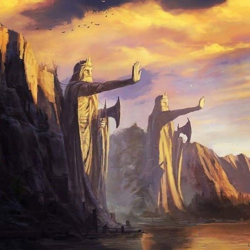 Adorn your space with a breathtaking handmade oil painting on canvas, showcasing the majestic Argonath of Gondor amidst a stunningly beautiful landscape. This captivating artwork immortalizes the awe-inspiring statues against a picturesque backdrop, capturing the grandeur of Tolkien's iconic scene. Immerse yourself in the artistry of this masterpiece, resonating with vibrant colors and meticulous details that bring the essence of Middle-earth's landscapes to life. Own a unique creation that embodies the timeless splendor of the Argonath in Gondor, an exquisite addition destined to elevate any space with a touch of fantastical beauty and artistic allure.
