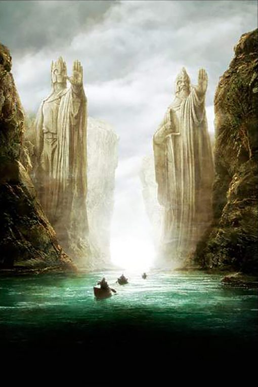 Experience the grandeur of Middle-earth with a handmade oil painting on canvas, depicting the awe-inspiring passage of the Fellowship of the Ring through the majestic Argonath statues set amidst a breathtaking landscape. This captivating artwork vividly captures Tolkien's iconic scene, showcasing the Fellowship navigating the colossal statues within a meticulously crafted and magnificent backdrop. Immerse yourself in the artistry of this masterpiece, resonating with rich colors and intricate details that bring to life the grandeur of Middle-earth's legendary landscapes. Own a unique creation that embodies the epic journey of the Fellowship through the Argonath, a stunning addition destined to elevate any space with a touch of fantastical beauty and artistic allure.