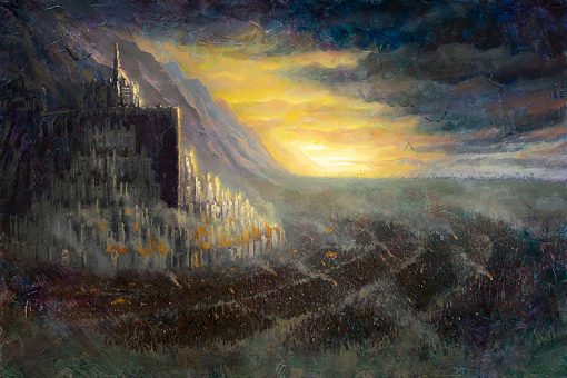 Immerse yourself in a handmade oil painting on canvas showcasing the majestic Minas Tirith landscape, while the menacing Mordor army prepares for an impending siege. This meticulously crafted artwork captures the grandeur of Minas Tirith contrasted with the foreboding presence of the assembling Mordor forces, evoking a sense of impending conflict and grand scale. Ideal for collectors and fans of Middle-earth, this masterpiece portrays the dramatic scene, serving as a captivating centerpiece that embodies the tension and magnitude of the impending siege. Explore the gripping portrayal of Minas Tirith with the Mordor army gathering, adding an epic and compelling narrative to your collection inspired by the monumental battles of The Lord of the Rings.