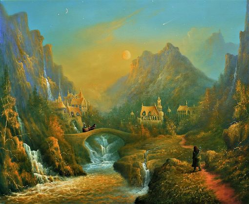 Embrace the ethereal beauty of Rivendell, also known as Fondcombe, depicted in a captivating handmade oil painting on canvas. This exquisite artwork unveils the serene grandeur of the Elven city, showcasing Tolkien's mythical realm with vibrant colors and intricate details. Immerse yourself in the tranquility of this masterpiece, resonating with the enchanting essence of Rivendell's majestic landscapes. Own a unique creation that embodies the captivating charm of the Elven city, ideal for adorning any space with an aura of fantasy and artistic allure.