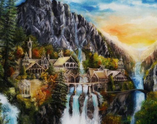 Embrace the enchanting warmth of Rivendell's landscape in a handmade oil painting on canvas, crafted to exude a cozy ambiance. This captivating artwork depicts Tolkien's realm with a snug and inviting design, portraying the serene landscape with a touch of comforting charm. Immerse yourself in the tranquil allure of this masterpiece, resonating with rich colors and intricate details that evoke a sense of comfort and coziness. Own a unique creation that embodies the inviting essence of Rivendell, ideal for adding a touch of warmth and sophistication to any space.