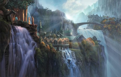 Indulge in the allure of a handcrafted oil painting on canvas showcasing Rivendell's mesmerizing landscape, adorned with a picturesque waterfall cascading against a stunning sunrise backdrop. This exquisite artwork masterfully captures Tolkien's realm, blending rich hues and intricate details to evoke a sense of enchantment and tranquility. Immerse yourself in the breathtaking beauty of this unique masterpiece, bringing the magical essence of Rivendell into your living space. Own a timeless piece that encapsulates the serene harmony of nature's wonders, a must-have addition for art enthusiasts seeking a touch of fantasy and elegance.