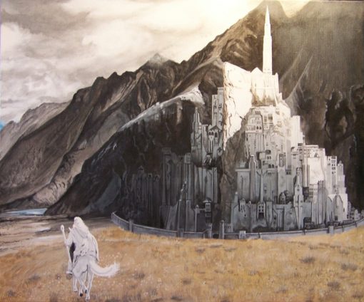 Embark on a majestic journey through a handmade oil painting on canvas, capturing Gandalf the White's arrival in the stunning landscape of Minas Tirith. This unique artwork beautifully depicts the iconic scene, perfect for avid fans of The Lord of the Rings. Crafted with meticulous detail and vibrant colors, this high-quality painting is a captivating addition to any collection, offering an awe-inspiring centerpiece for enthusiasts of Tolkien's timeless saga.