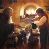 Delight in the warmth of Middle-earth with a captivating handmade oil painting on canvas, portraying Gandalf and Bilbo sharing a cozy tea time at Bag End, Bilbo's home. This unique artwork beautifully captures the heartwarming scene, perfect for devoted fans of The Lord of the Rings. Crafted with intricate detail and rich colors, this high-quality painting becomes a cherished addition to any collection, offering an inviting centerpiece for enthusiasts of Tolkien's beloved saga.