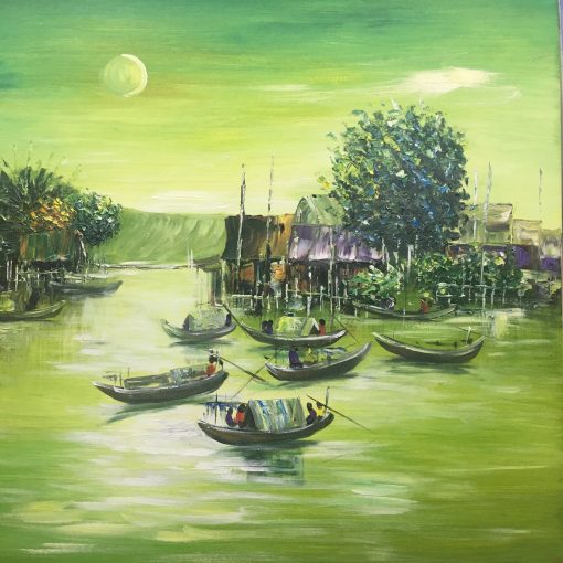 Delight in a handmade oil painting showcasing a Vietnamese floating village bathed in moonlight, harmoniously painted in shades of green. Each brushstroke brings to life the tranquil beauty of this unique landscape, capturing the serenity of the waters under the moon's glow. Immerse yourself in the essence of Vietnam's floating village culture through this captivating artwork. Own a piece of this harmonious depiction, infusing your space with the calming hues and peaceful allure of the moonlit scene. Experience the magical blend of artistry and nature in this Vietnamese-inspired oil painting.