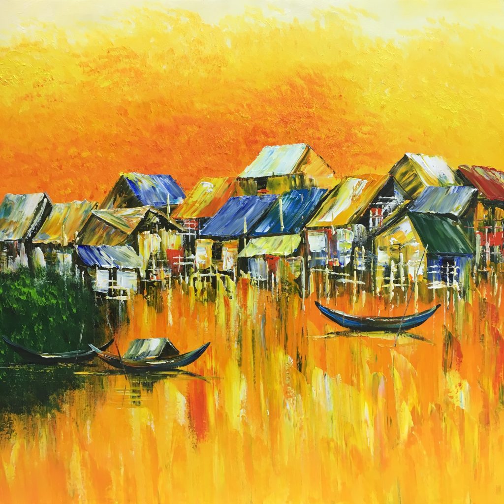 Handmade oil painting on buy canvas on demand, handcrafted wall artwork - Vietnamese art - Beautiful landscape house and tree 3 Vietnam Fine Art