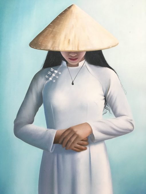Discover a captivating handmade oil painting showcasing the timeless elegance of a Vietnamese Lady adorned in the traditional Ao Dai dress and iconic Vietnamese hat. This artistic masterpiece embodies the grace and mystique of Vietnamese culture, captivating viewers with its vibrant colors and intricate brushstrokes. Immerse yourself in the allure of this unique artwork, seamlessly blending tradition and artistry, as it brings to life the rich heritage and beauty of Vietnam. Own a piece of cultural essence and elevate your space with the captivating allure of this stunning Vietnamese-inspired oil painting.