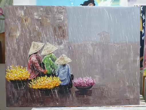 Vietnamese Market Ladies selling flowers under the rain