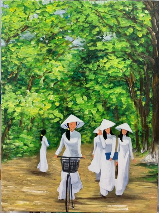 Embrace the serenity of a handmade oil painting, capturing a Vietnamese student lady strolling through enchanting woods. Each brushstroke breathes life into the scene, portraying the essence of nature and youthful curiosity. Immerse yourself in the beauty of Vietnamese culture as this artwork unfolds a tranquil forest tale. Own a piece of this artistic journey, bringing the calming allure of the woods to your space. Experience the harmony of art and nature in this captivating Vietnamese-inspired oil painting.