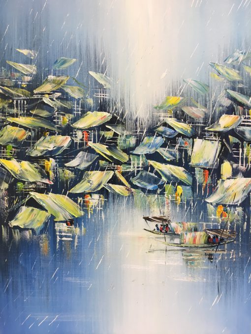 Explore the captivating world of Vietnamese water village fishers through this exceptional handmade oil painting on canvas, imbued with an abstract artistic touch. The artist's creative brushwork masterfully portrays the essence of the traditional fishing lifestyle, blending abstract forms to create a unique visual narrative. This artwork is a must-have for art enthusiasts, offering a glimpse into the vibrancy and charm of Vietnam's water villages, beautifully interpreted through an abstract lens on canvas.