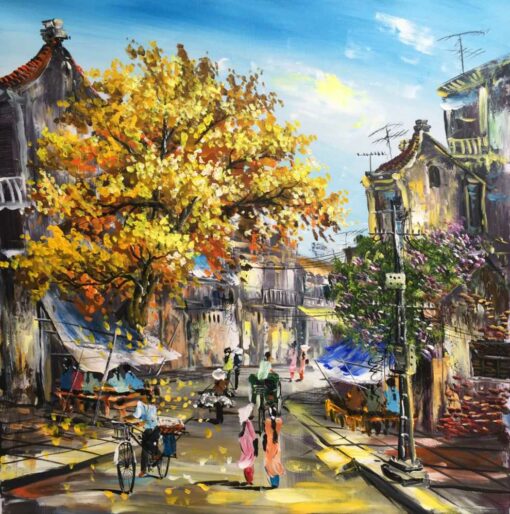 Embark on a visual journey through this meticulously crafted handmade oil painting on canvas, capturing the nostalgic beauty of an old street in Saigon adorned with captivating autumn hues. The artist's expert brushstrokes bring to life the warmth and allure of the season, painting a picturesque scene that resonates with the charm of Saigon. A must-have for art enthusiasts, this artwork immerses you in the evocative essence of autumn colors, preserving the timeless elegance of Saigon's old streets on canvas.