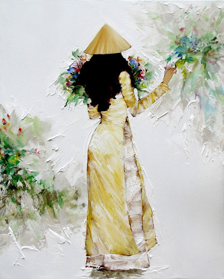 Lady Traditional Dress Ao Dai - Vietnamese handmade oil painting