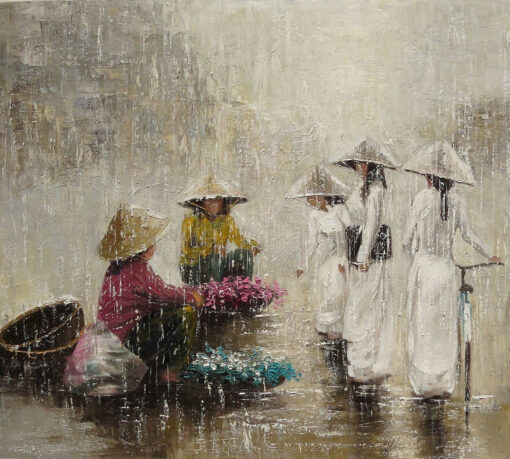 Step into the vibrant world of Vietnam through this exquisite handmade oil painting on canvas, capturing the beauty of Vietnamese ladies in a bustling street flower market. The artist's careful strokes showcase the essence of Vietnamese culture, depicting the vivid colors and lively atmosphere of a traditional market. This captivating artwork is a visual delight for art enthusiasts, offering a glimpse into the lively charm and floral abundance of Vietnamese street markets, beautifully preserved on canvas.