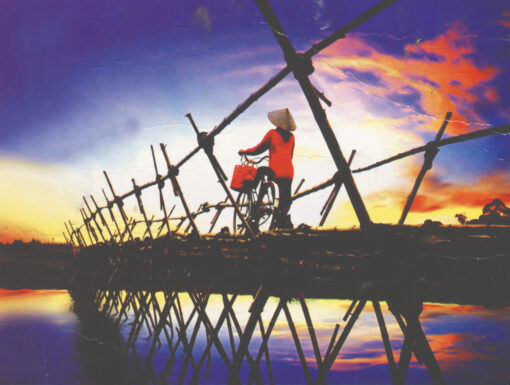 Vietnamese lady crossing a wooden bridge