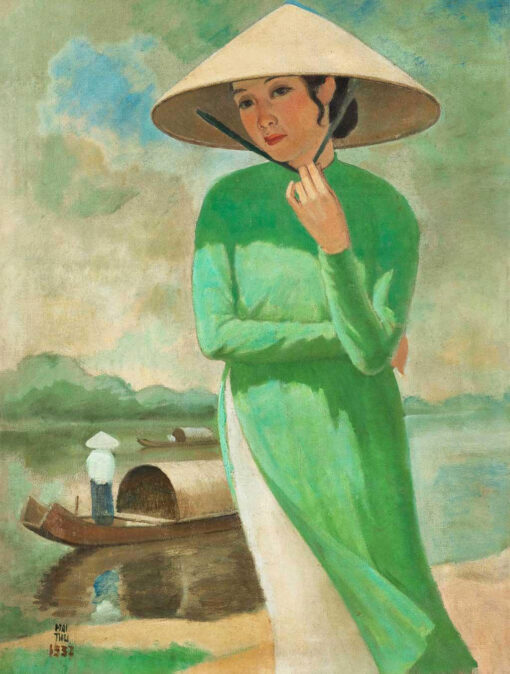 Young Woman With A Conical Hat By The River - Mai Trung Thu