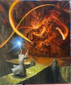Discover a captivating handcrafted oil painting on canvas, portraying Gandalf's iconic stand against the Balrog on the Khazad-dûm bridge. This unique artwork vividly captures the dramatic scene with meticulous detail and vibrant colors, perfect for devoted Lord of the Rings enthusiasts. With expert craftsmanship, this high-quality painting immortalizes this powerful moment, making it an impressive addition to any collection and a treasured masterpiece for fans of Tolkien's epic saga.