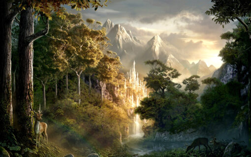 Adorn your space with the breathtaking beauty of a handmade oil painting on canvas, capturing the serene Rivendell landscape at sunrise. This artwork skillfully portrays the ethereal charm and tranquil ambiance of Rivendell from The Lord of the Rings, perfect for enthusiasts of Tolkien's world. Crafted with meticulous detail and vibrant hues, this high-quality painting becomes a cherished addition to any collection, offering a visually captivating depiction that brings the mesmerizing sunrise over Rivendell's landscape to life.