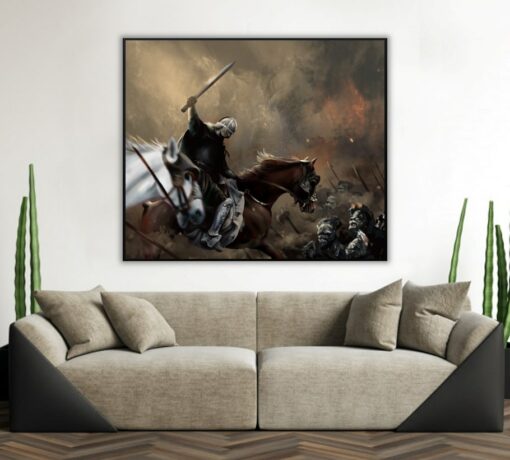Rohirrim warrior on horse charing Uruk Hai