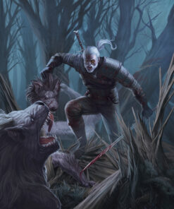 Experience a captivating handmade oil painting on canvas showcasing Geralt of Rivia engaged in a fierce battle with a mystical creature in the nighttime woods. This meticulously crafted artwork captures Geralt's valor as he combats a fantastical being amidst the dark, haunting landscape. Ideal for fans of fantasy art and The Witcher series, this unique piece brings intensity and drama to any space, depicting Geralt's bravery in confronting otherworldly adversaries. Immerse yourself in this evocative portrayal of Geralt fighting a creature in the eerie woods, creating a gripping and dynamic scene within this mesmerizing artwork.