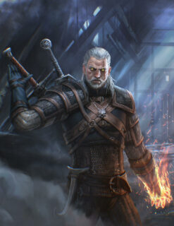 Explore a captivating handmade oil painting on canvas portraying Geralt of Rivia in a commanding stance, one hand conjuring fiery magic while the other grips his sword, poised for battle. Crafted with meticulous detail, this artwork vividly captures Geralt's power and determination. Perfect for fans of fantasy art and The Witcher series, this unique piece adds intensity and intrigue to any space, showcasing Geralt preparing for a powerful magical attack. Dive into this evocative portrayal of Geralt exuding strength and magical prowess, creating a dynamic scene within this mesmerizing artwork.