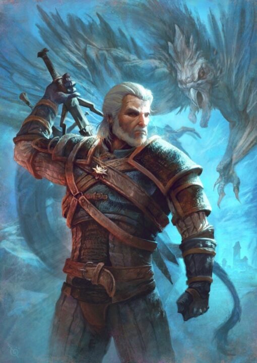 Indulge in a captivating oil painting on canvas portraying Geralt of Rivia in a decisive moment, drawing his sword, while a mysterious creature lurks behind him. This handcrafted masterpiece encapsulates Geralt's determination and the looming danger he faces, creating an evocative scene that captures the essence of The Witcher's world. With meticulous artistry, this artwork is a compelling addition for fans, conveying Geralt's resilience and the thrilling atmosphere of his encounters. Enhance your space with this striking portrayal, a testament to Geralt's valor amidst impending challenges.