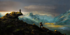 Embark on a visual journey through a stunning handmade oil painting on canvas featuring Geralt of Rivia accompanied by his friend Dandelion amidst a breathtaking mountain landscape. Meticulously crafted, this artwork vividly captures the duo's presence against a picturesque mountain backdrop. Perfect for both art enthusiasts and The Witcher fans, this unique piece adds depth and charm to any space, transporting you into Geralt and Dandelion's adventurous world. Explore this evocative portrayal where the two friends stand amidst the awe-inspiring mountain scenery, evoking a sense of camaraderie and exploration within the captivating artwork.