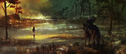 Explore a mesmerizing handmade oil painting on canvas portraying Geralt of Rivia within an enchanting fantasy landscape as a mysterious white-clad figure walks away. Meticulously crafted, this artwork captivates Geralt's presence amidst an evocative setting, adding allure and depth to any space. Ideal for Witcher enthusiasts and art aficionados, this unique piece offers a glimpse into Geralt's enigmatic world. Immerse yourself in this evocative portrayal, capturing Geralt amidst a captivating and mysterious landscape, evoking a sense of intrigue and adventure.