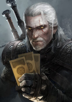 Embrace the charm of a handmade oil painting showcasing Geralt of Rivia engaged in a captivating card game. This exquisite canvas artwork captures Geralt's persona, reflecting his finesse and strategic acumen while playing cards. A delightful addition for ardent fans of The Witcher series, this painting encapsulates Geralt's diverse persona. Add a touch of whimsy to your collection with this charismatic portrayal of Geralt, an intriguing piece that brings his character to life in a unique way.