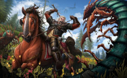 Step into the mystical world of Geralt of Rivia with a mesmerizing oil painting on canvas. Watch as Geralt valiantly battles formidable creatures astride his trusty steed, Hamlet. This stunning artwork captures the essence of Geralt's bravery and strength in the heat of combat against otherworldly foes. Perfect for fans of The Witcher series, this handcrafted masterpiece embodies Geralt's heroic prowess and determination. Embrace the adventurous spirit of Geralt's journey, beautifully captured in this captivating painting, a must-have addition for any enthusiast's collection.