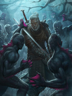 Experience the allure of a handcrafted oil painting on canvas portraying Geralt of Rivia amidst a horde of mystical creatures. This captivating artwork captures Geralt's bravery in a striking depiction as he confronts enigmatic beasts. Ideal for fans of The Witcher series, this meticulously crafted masterpiece adds an adventurous touch to any space. Immerse yourself in Geralt's world through this compelling artwork, showcasing his prowess against fantastical creatures in vivid detail and artistry.
