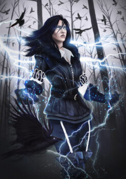 Discover a captivating handmade oil painting on canvas, portraying Yennefer of Vengerberg amidst a forest scene, practicing enchanting magic while surrounded by a mesmerizing swarm of crows. This intricately crafted artwork beautifully captures Yennefer's mystical prowess intertwined with nature's allure. Perfect for Witcher enthusiasts, this masterpiece showcases Yennefer's commanding presence, adding an intriguing element to any collection. Immerse yourself in this evocative portrayal, as Yennefer channels her magic amidst a flock of crows, merging nature's mystique with enchanting artistry.