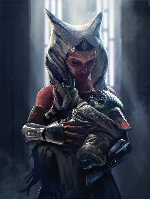 Discover a captivating handmade oil painting on canvas, portraying Ahsoka Tano tenderly carrying Grogu. This stunning artwork exudes Jedi strength and emotional connection, capturing the essence of Star Wars lore. Immerse yourself in the intricate details and vibrant colors, a testament to the artist's skill and passion. Own a unique piece that celebrates the beloved characters in a one-of-a-kind artistic portrayal.