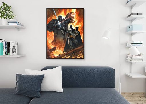 Delve into an epic visual odyssey with our one-of-a-kind, handcrafted oil painting portraying the legendary duel between Darth Vader and Batman. This captivating artwork skillfully encapsulates the clash of their iconic worlds—Vader's Sith dominion and Batman's relentless pursuit of justice. Intricate brushstrokes and vibrant oil hues infuse life into this dynamic encounter. A must-have for fans of Star Wars and DC Comics, this masterpiece brings the mystical force and superhero mystique to your space, promising to captivate any art enthusiast.